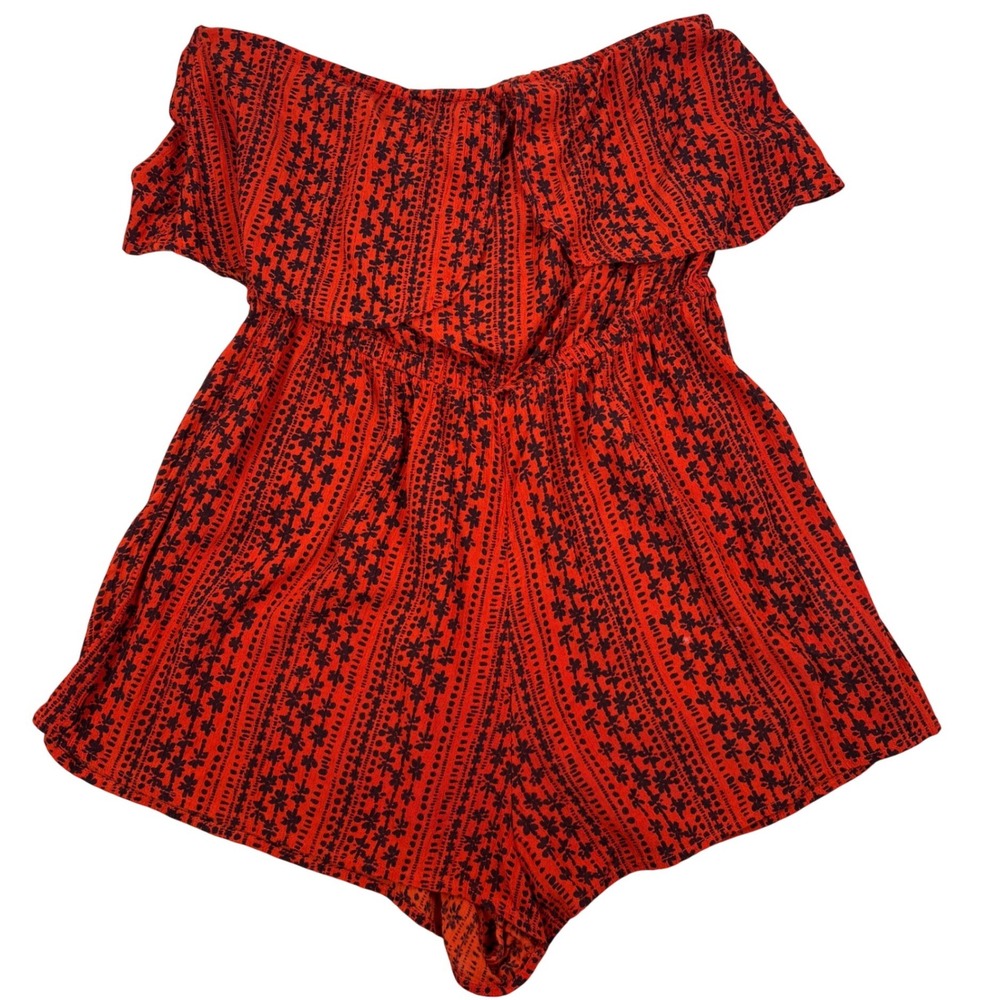 Free People Romper Womens S Red Floral Boho Off Shoulder Ruffle Summer Festival